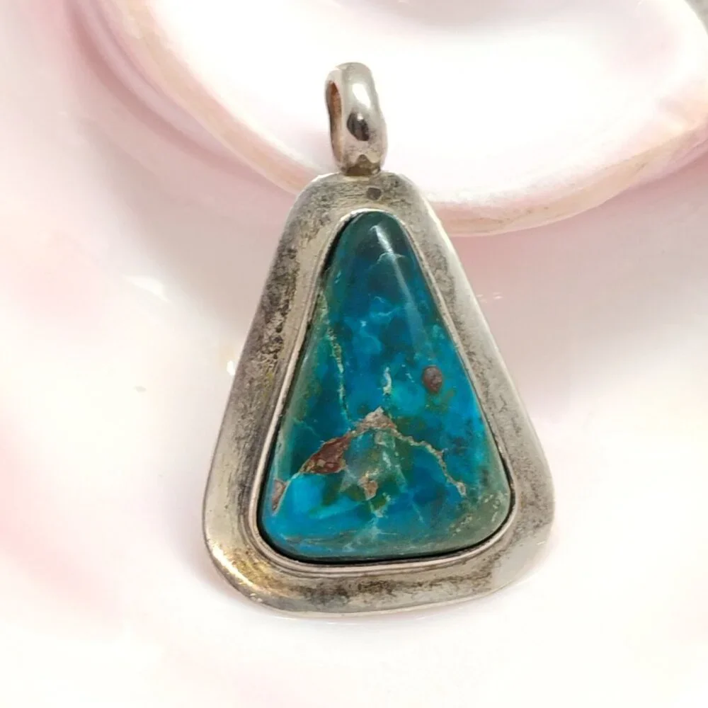 Stunning 950 Silver Blue Green Matrix Turquoise Pendant Triangle Shaped - Picture 2 of 10